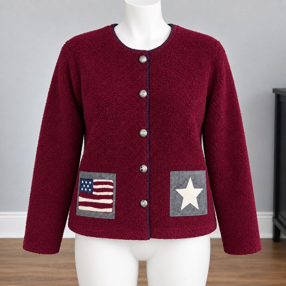 Christopher Banks Womens M Patriotic Fleece Jacket USA Flag Star Americana